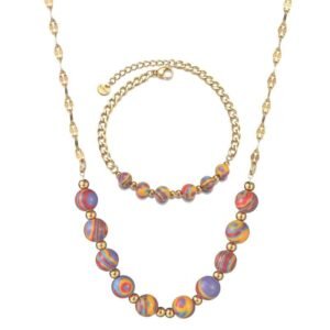 Conjunto de Colar e Pulseira com Esferas Multicoloridas